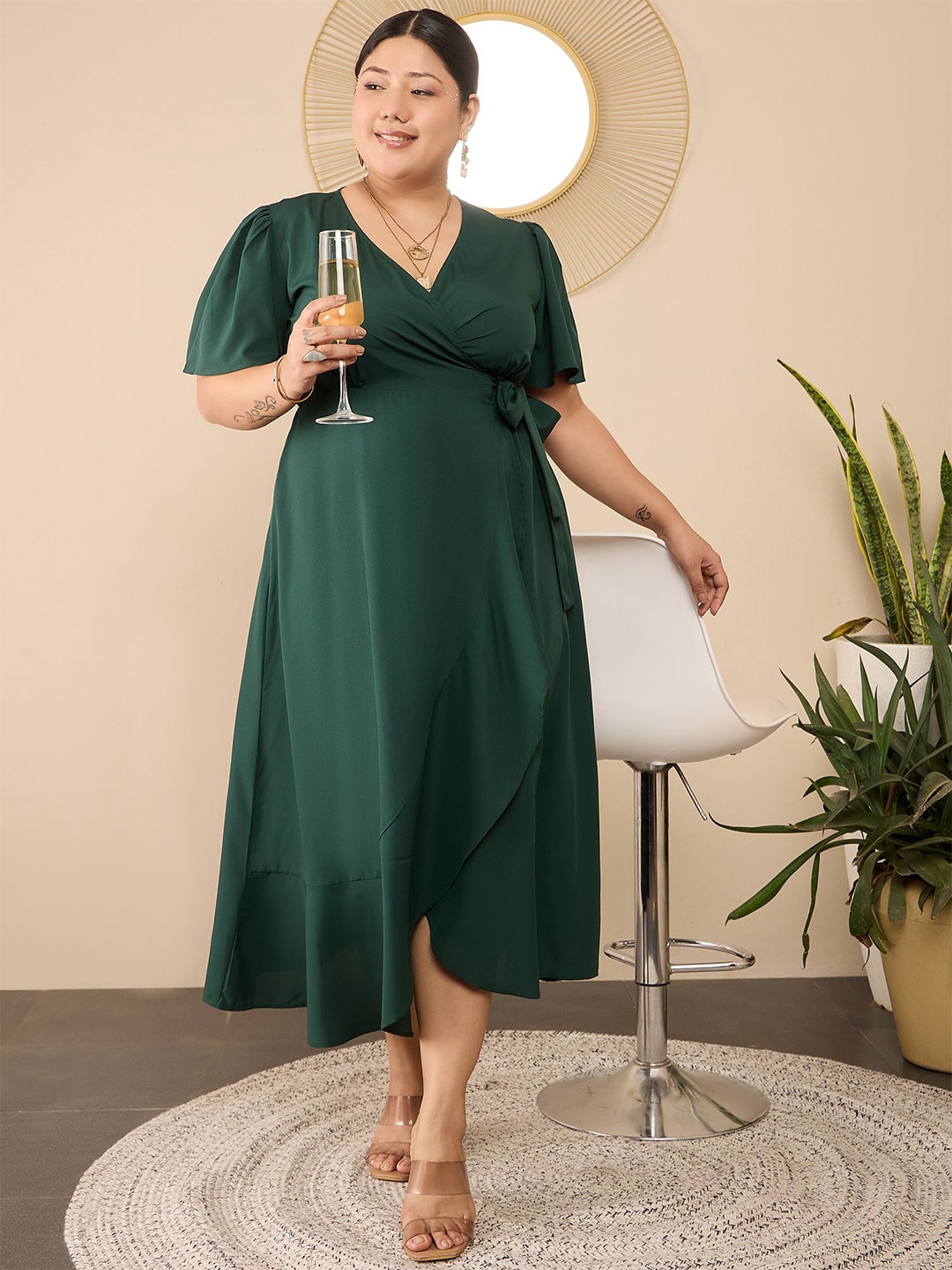 

Berrylush Curve Women V-Neck Wrap Plus Size Midi Dress, Green