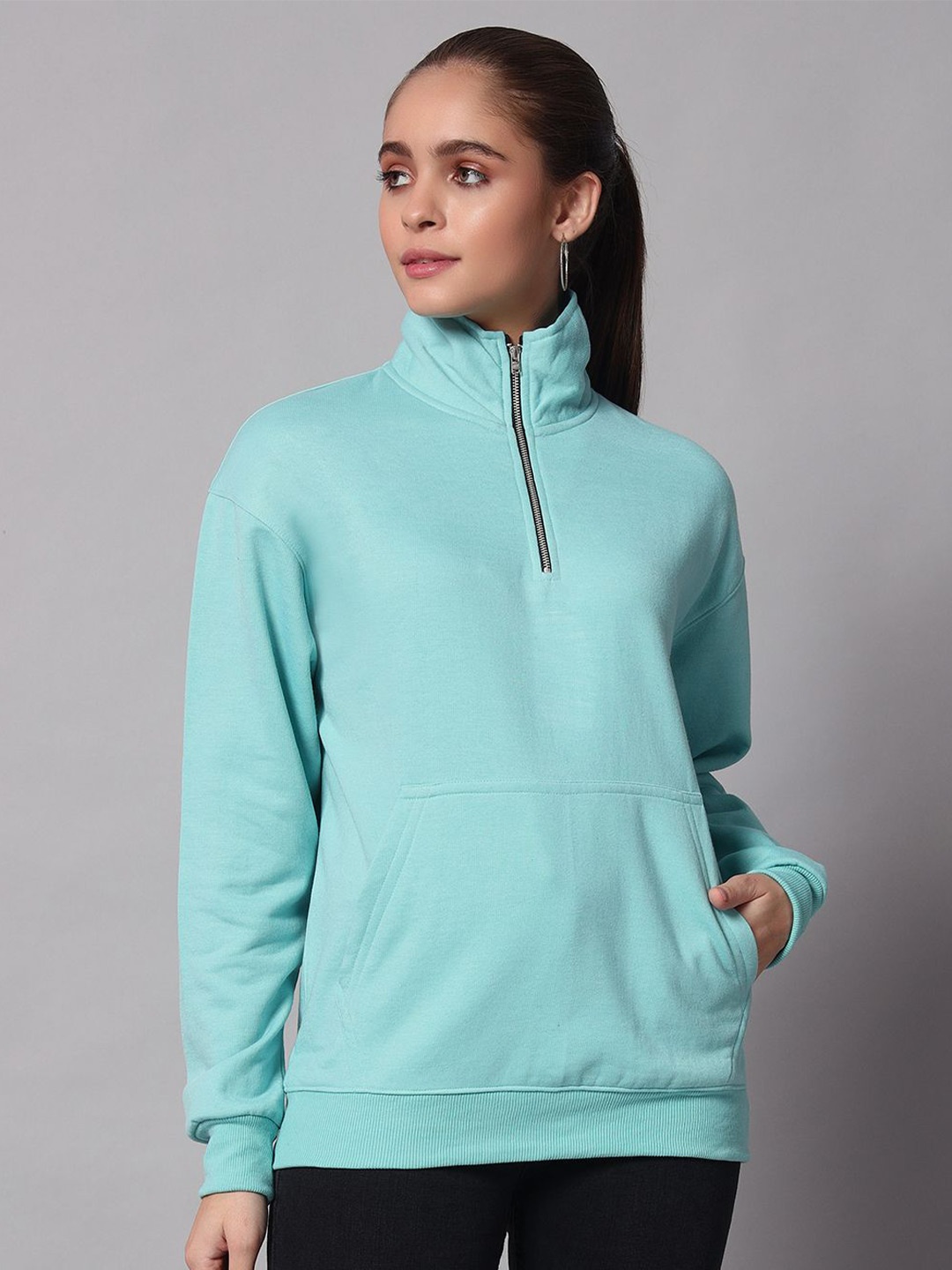 

Obaan Women High Neck Long Sleeves Pullover Sweatshirt, Turquoise blue