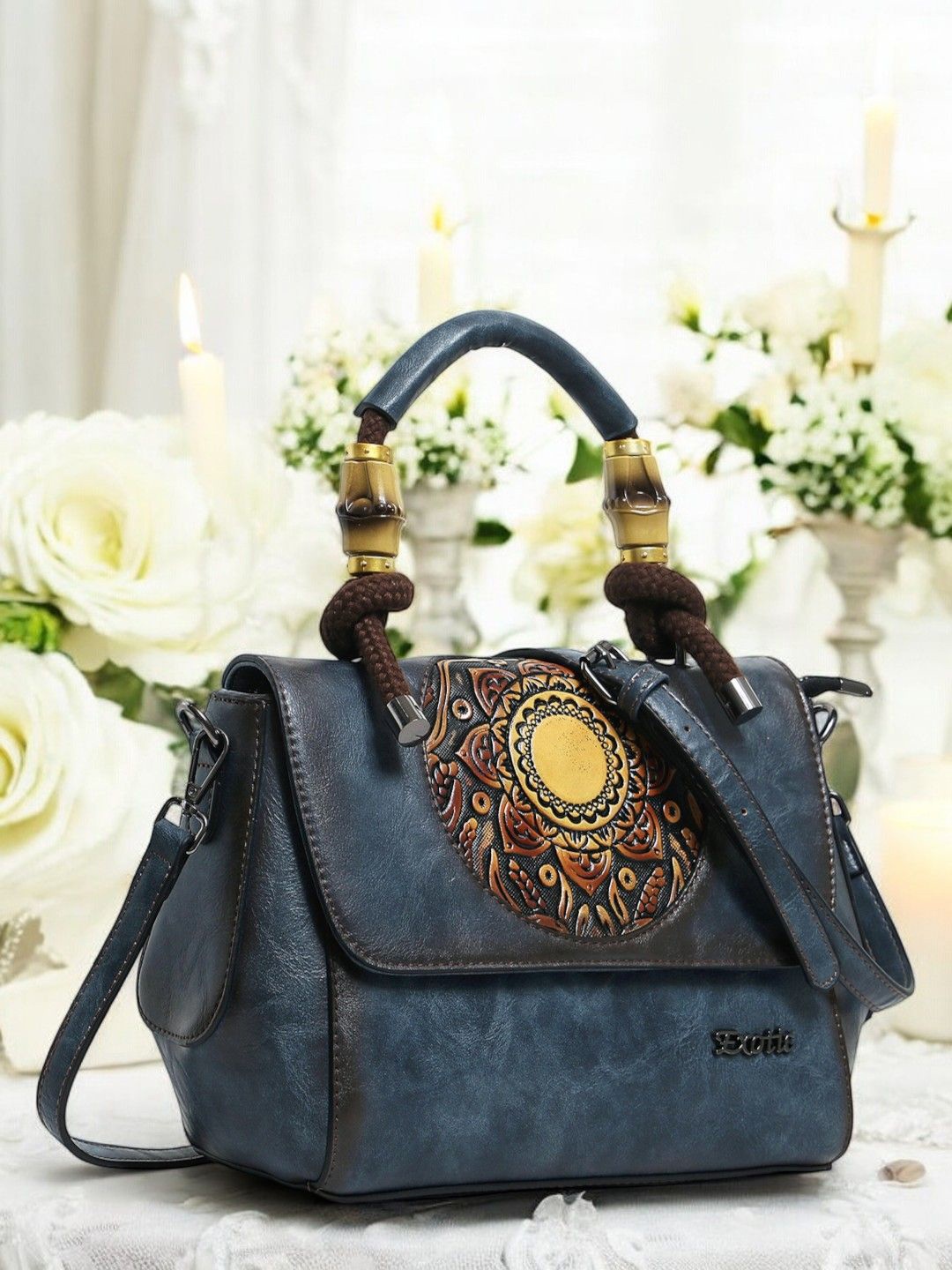 

Exotic Women Embellished Structured Leather Satchel Bag, Blue