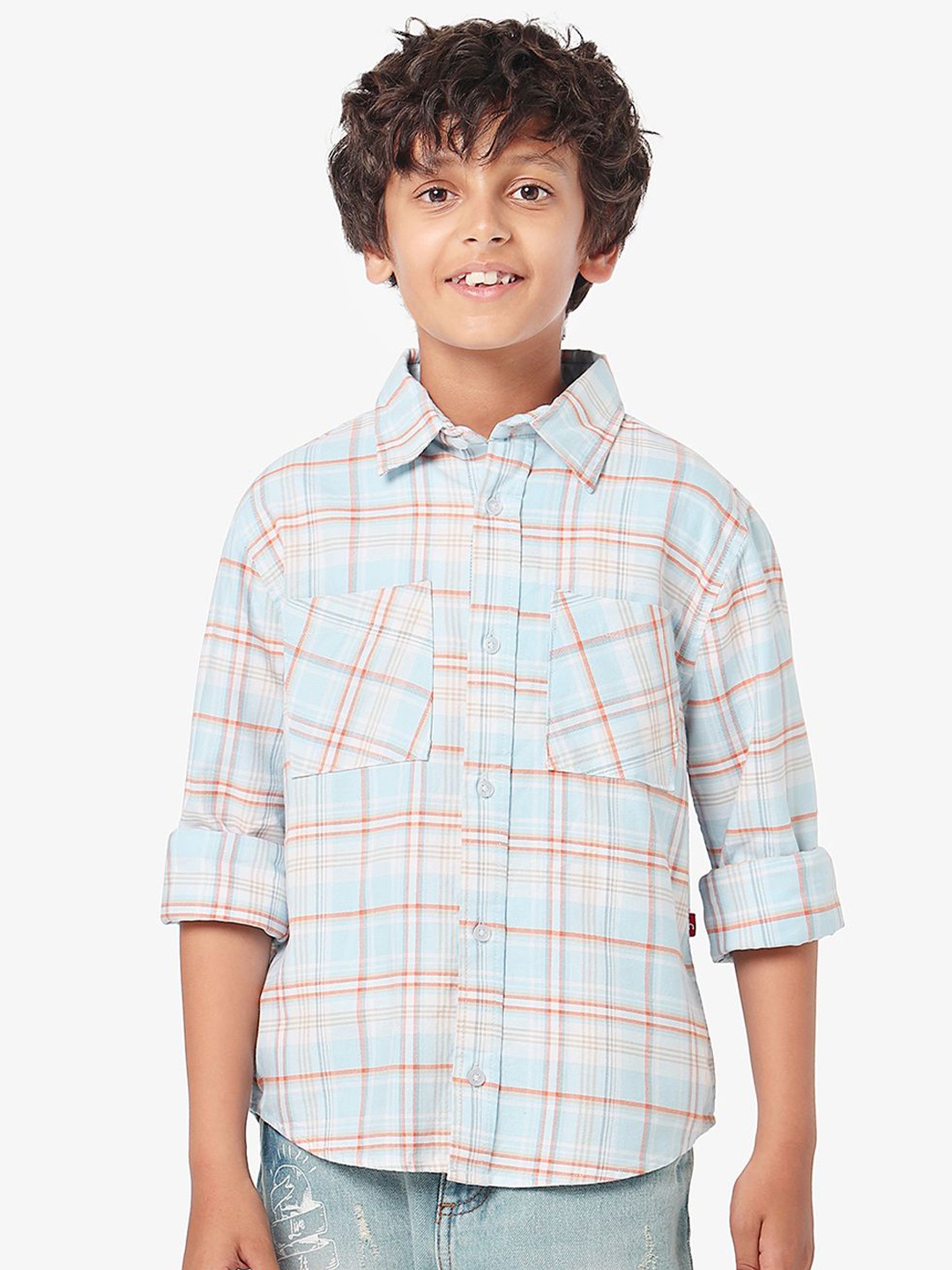 

BONKIDS Boys Spread Collar Checked Cotton Casual Shirt, Blue