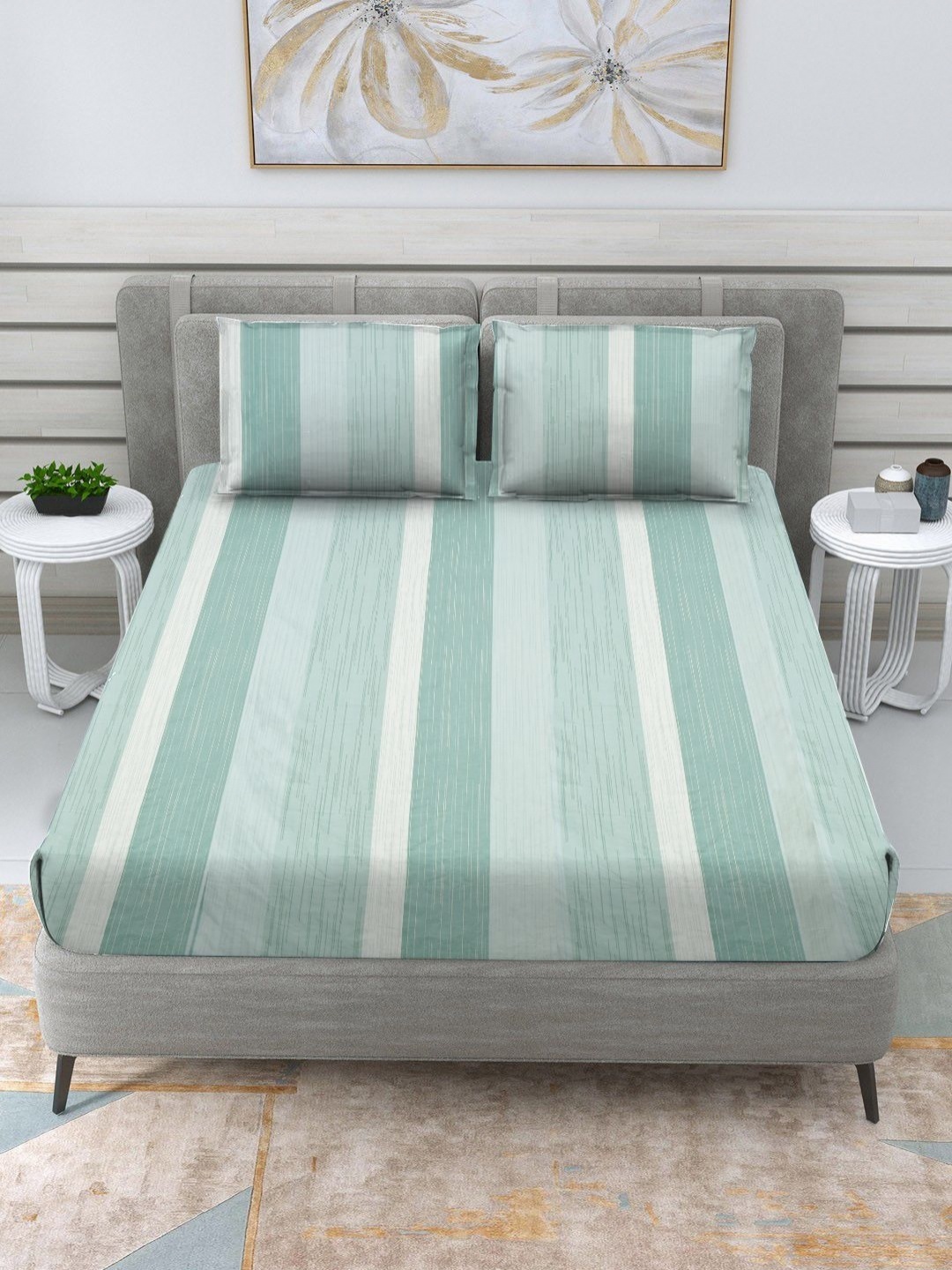 

RRC Green & White Microfiber Cotton Striped 210 TC King Bedsheet Set 2.74 m X 2.74 m