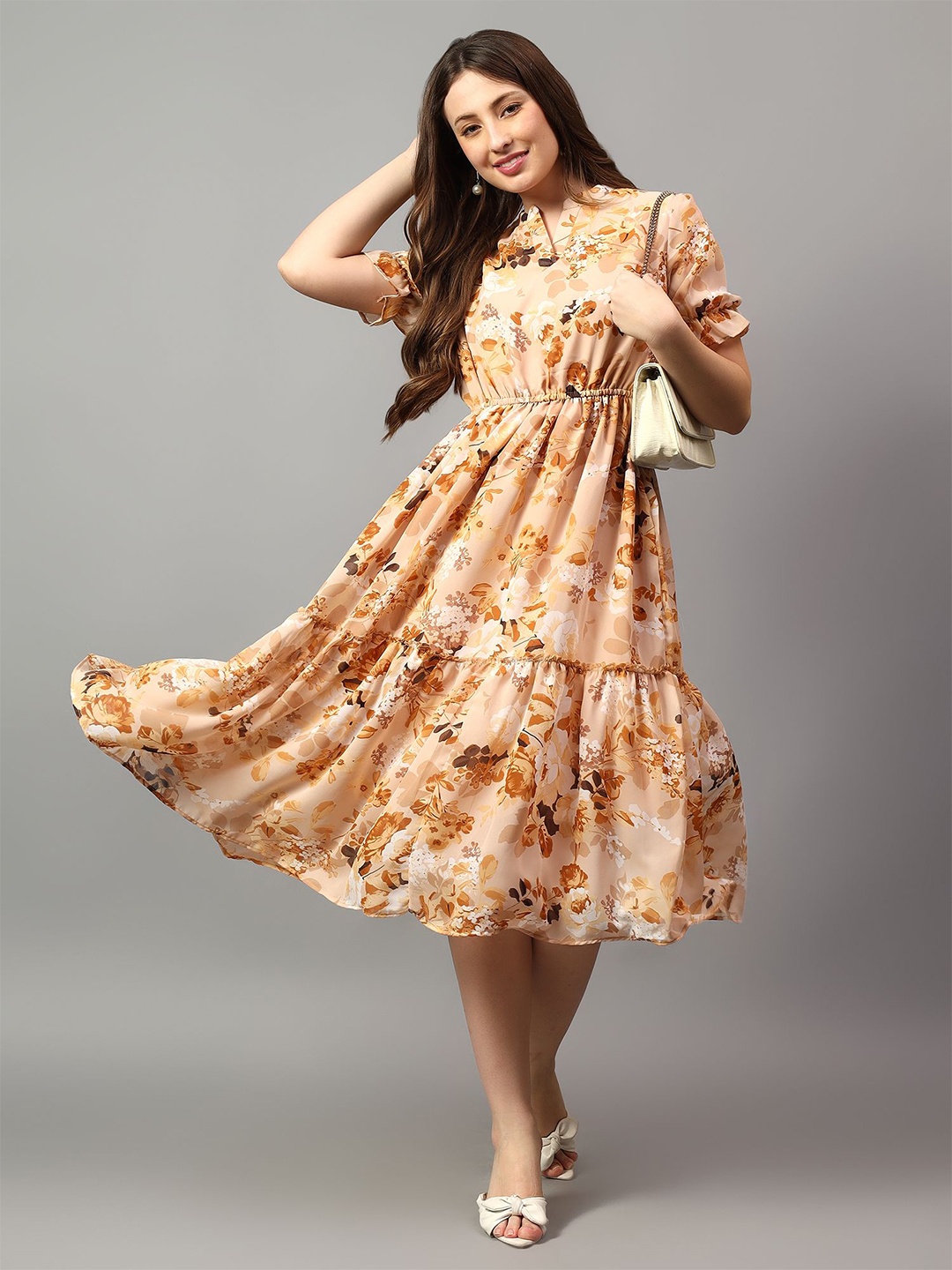 

NKSA FASHION Printed V-Neck Short Sleeves Tiered Fit and Flare Midi Dress, Mustard