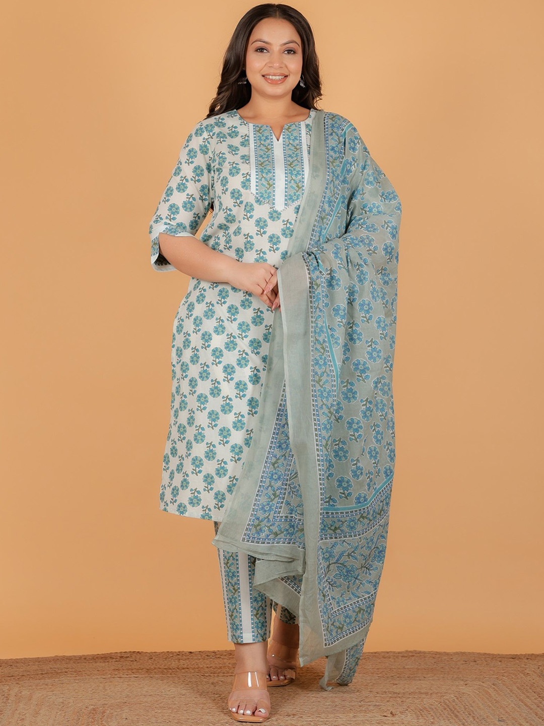 

Aramya Floral Printed Round Neck Regular Pure Cotton Kurta With Trouser With Dupatta, White