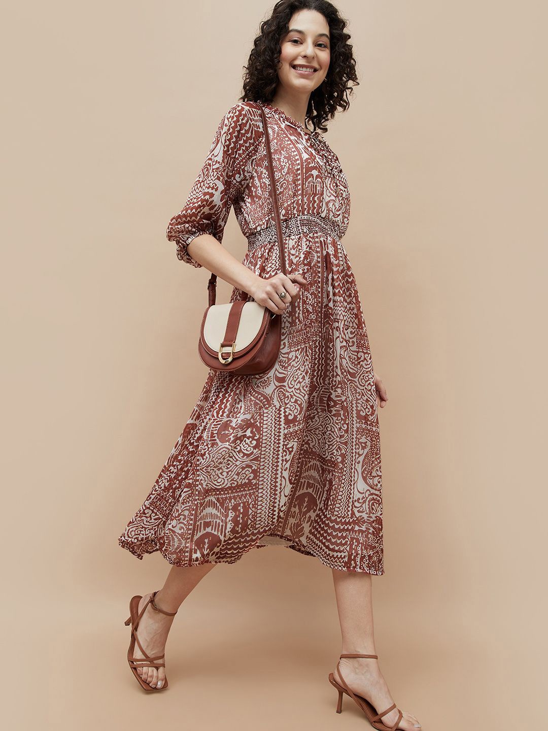 

Colour Me by Melange Ethnic Motifs Printed Fit & Flare Midi Dress, Brown