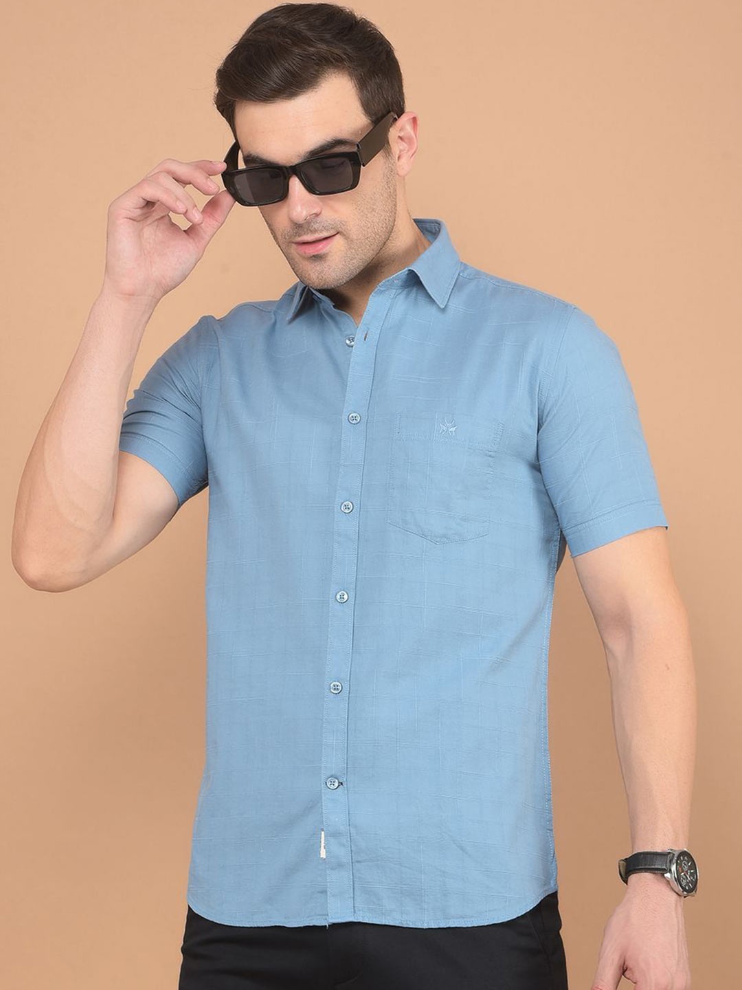 

Crimsoune Club Men Classic Spread Collar Checked Cotton Slim Fit Casual Shirt, Blue
