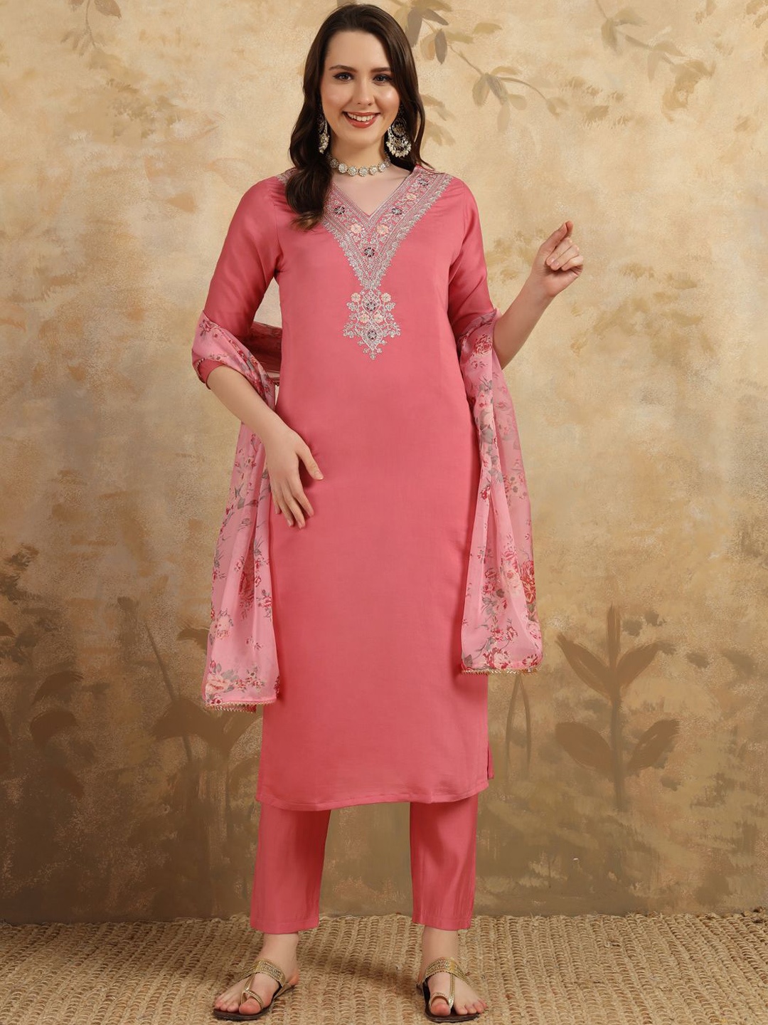 

Anouk Pink Floral Embroidered Thread Work Straight Kurta with Trousers & Dupatta