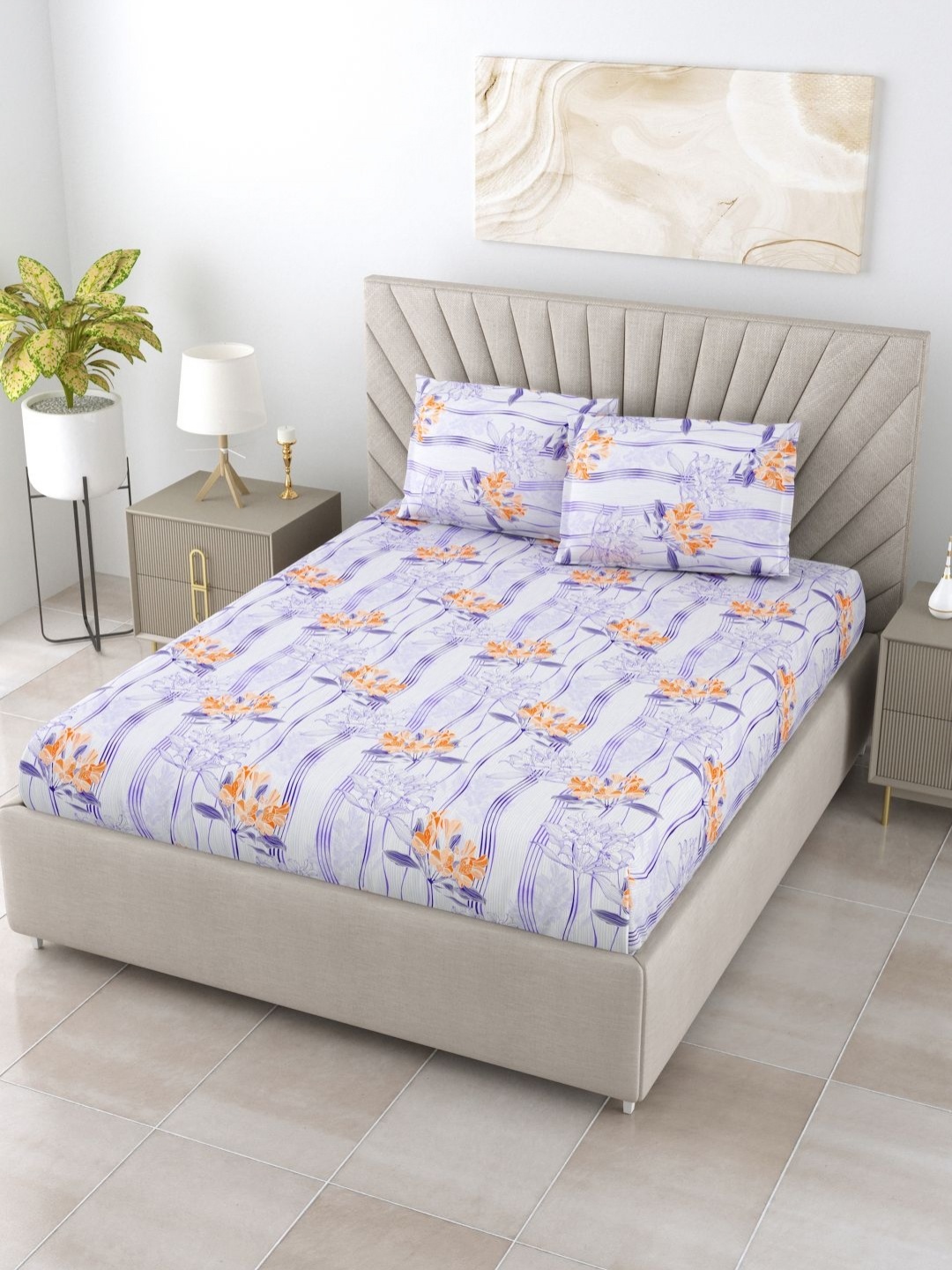 

BOMBAY DYEING Purple Floral 144 TC Cotton King Bedsheet Set-2.74 m x 2.74 m