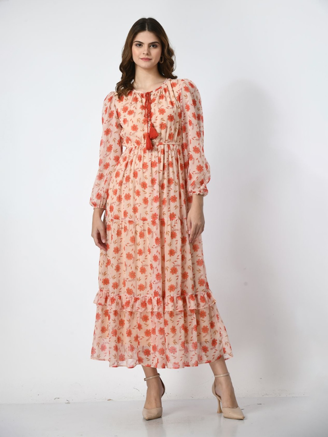 

Fuchsia Women Floral Printed Tie-Up Neck Maxi Dress, Peach