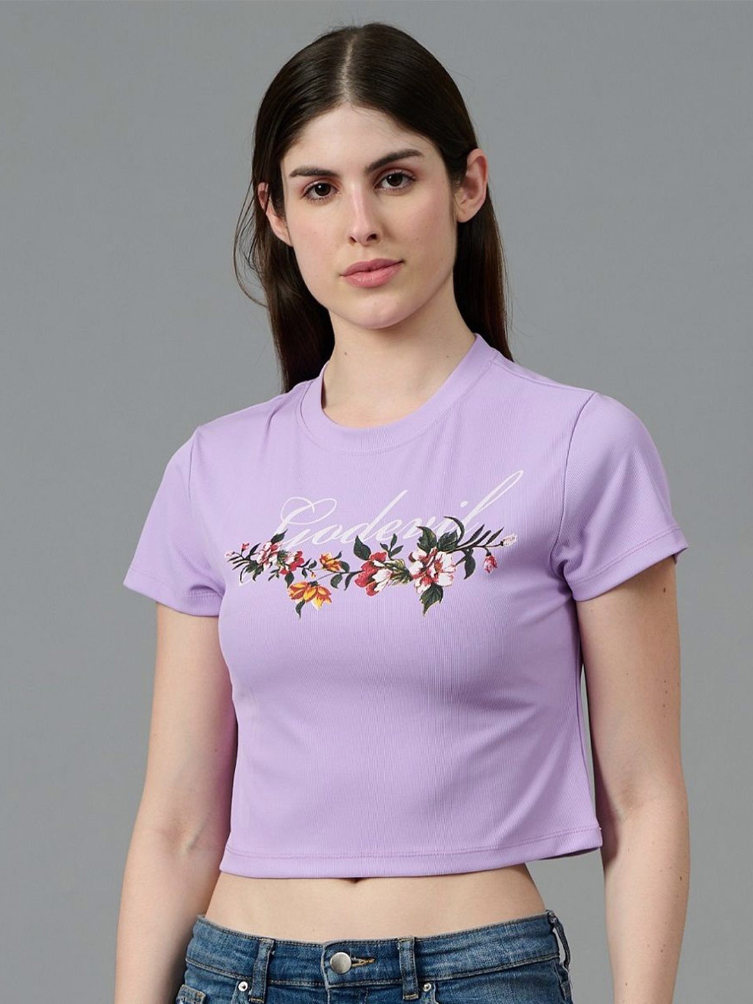 

GO DEVIL Women Printed Pockets T-shirt, Purple