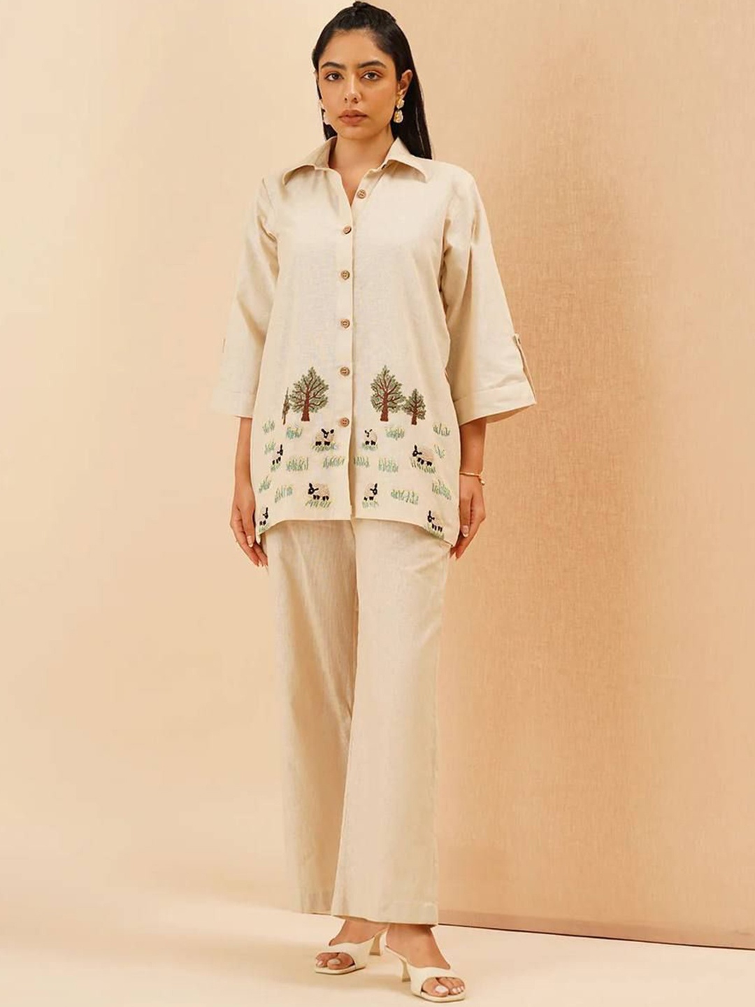 

APNISHA Embroidered Long Sleeve Shirt & Trouser Co-Ords, White