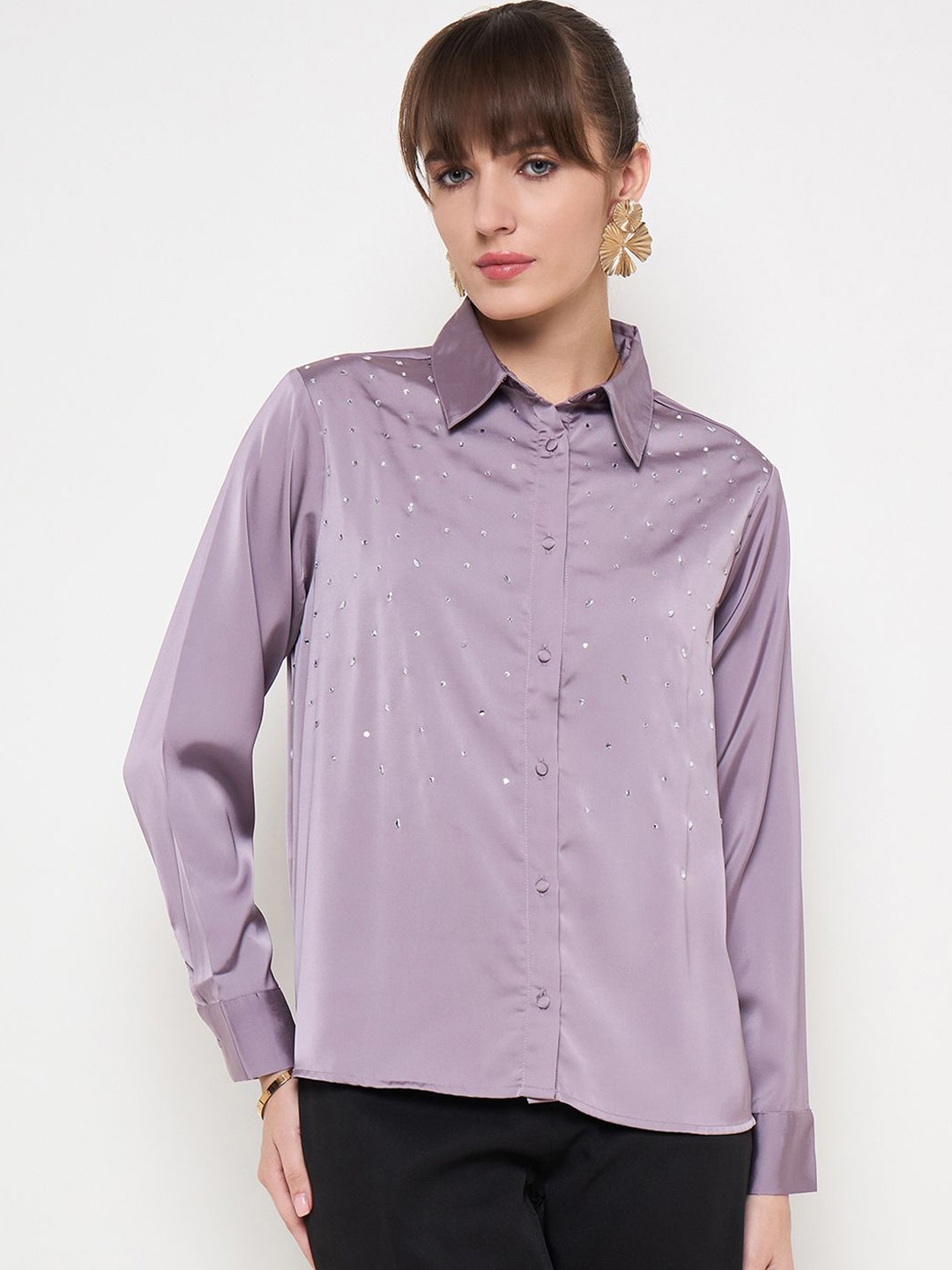 

Madame Women Spread Collar Solid Casual Shirt, Purple