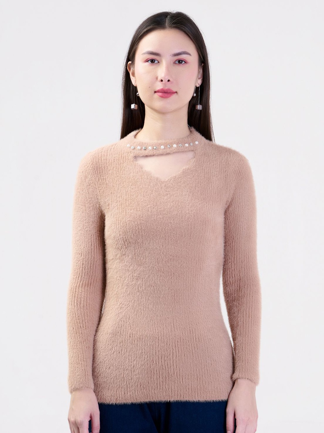 

Albion By CnM Women Long Sleeves Round Neck Velvet Top, Brown