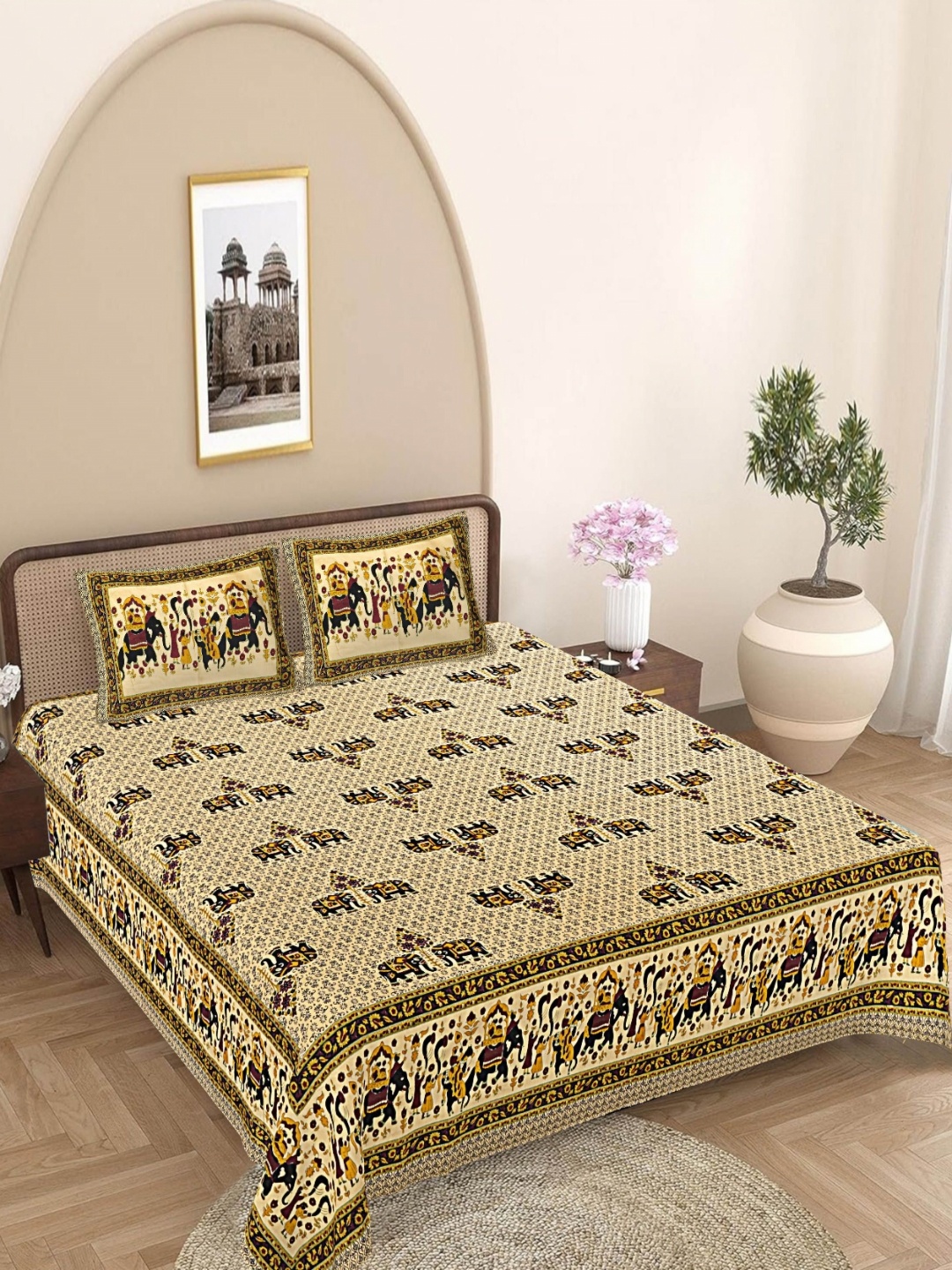 

FrionKandy Living Yellow Ethnic Motifs Cotton 180 TC King Bedsheet Set 2.69 m x 2.74 m