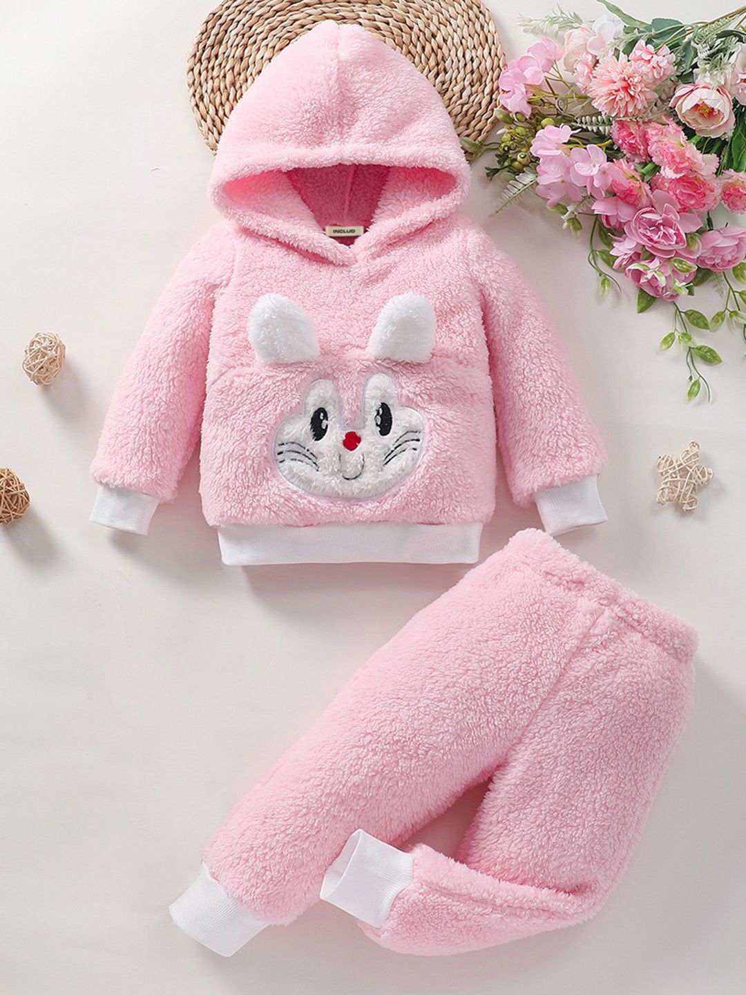 

INCLUD Girls Self Design hooded Long Sleeves Sweatshirt With Jogger, Pink