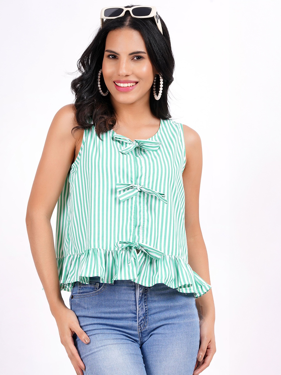 

MINGLAY Women Striped Tiered Top, Green