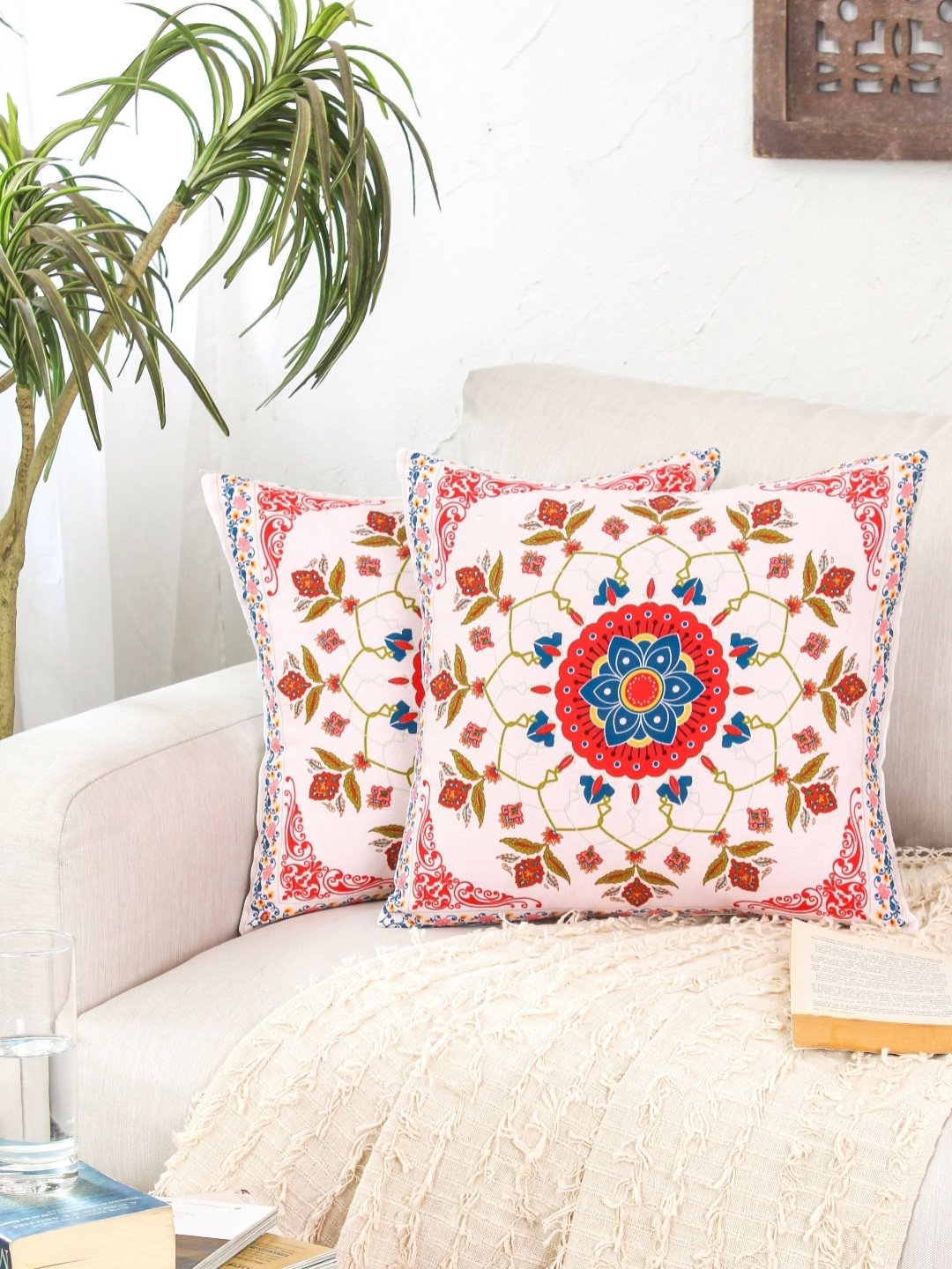 

HOMPRIN Pink & Blue 2 Pieces Floral Printed Cotton Square Cushion Covers