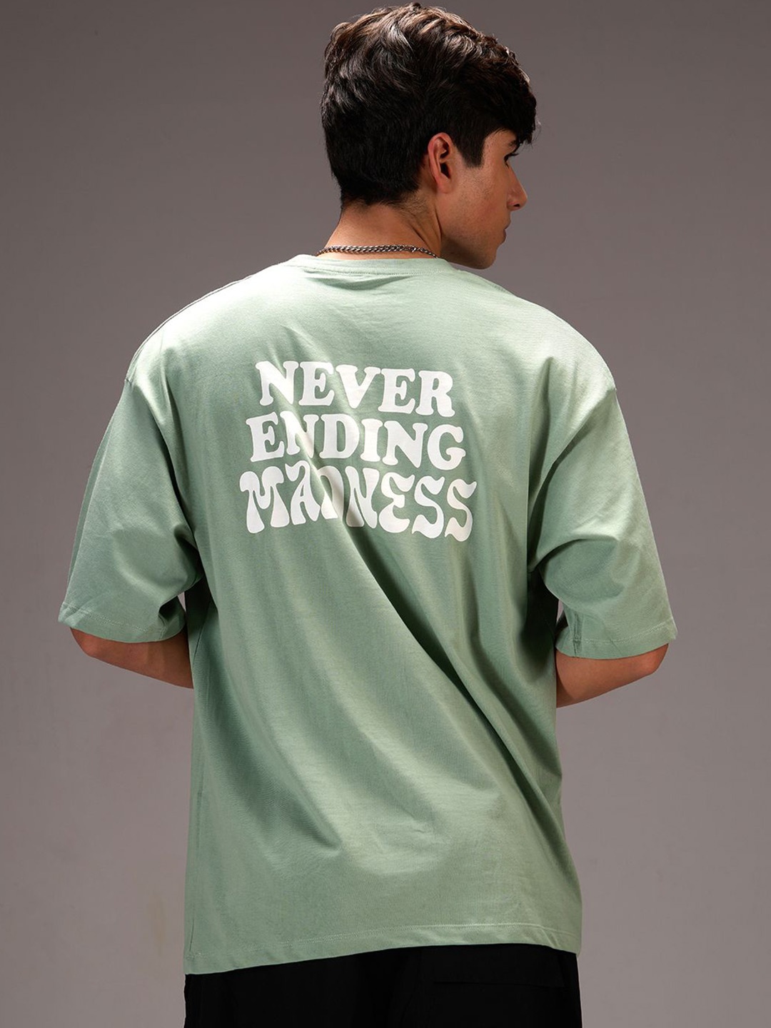 

IZF Men Typography Printed Round Neck Cotton Oversized T-shirt, Green