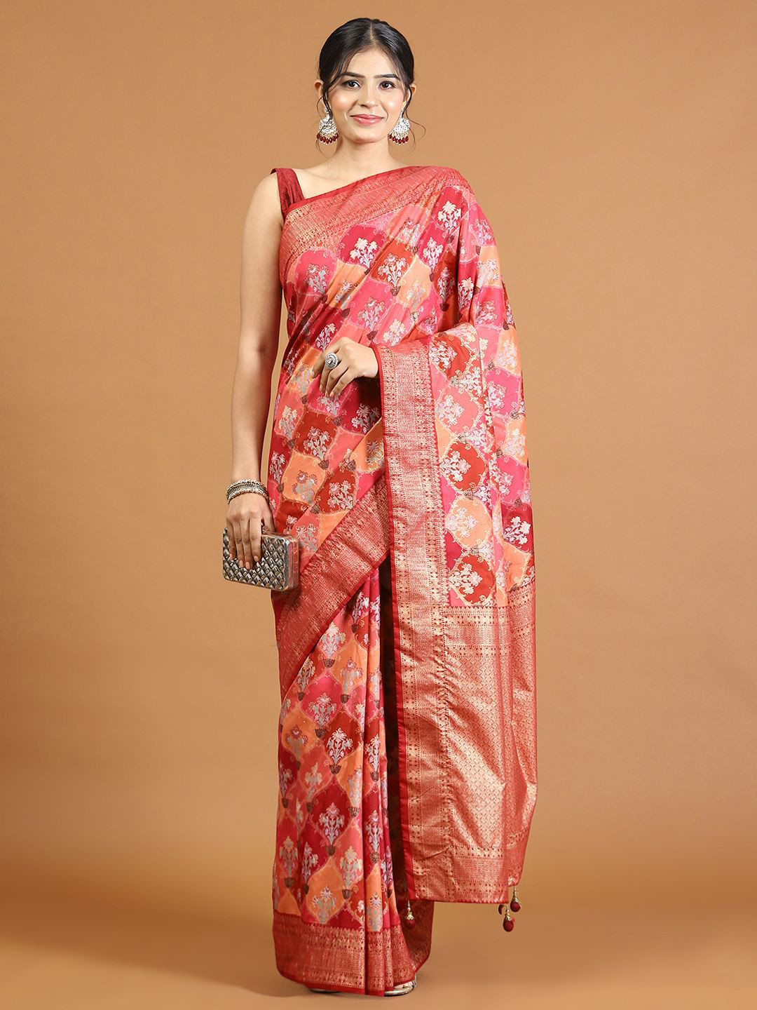 

Meena Bazaar Floral Woven Design Zari Saree, Pink