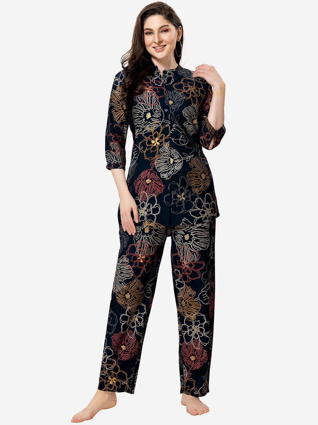 

Lenissa Women Floral Printed Night suit, Navy blue
