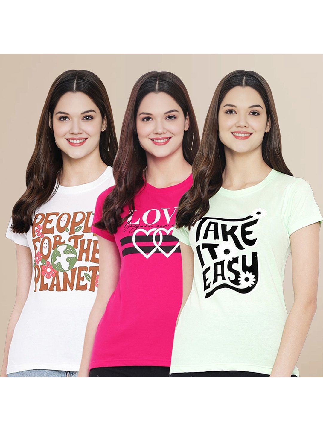 

Metronaut Women Pack Of 3 Typography Printed Round Neck Cotton T-shirts, Lime green