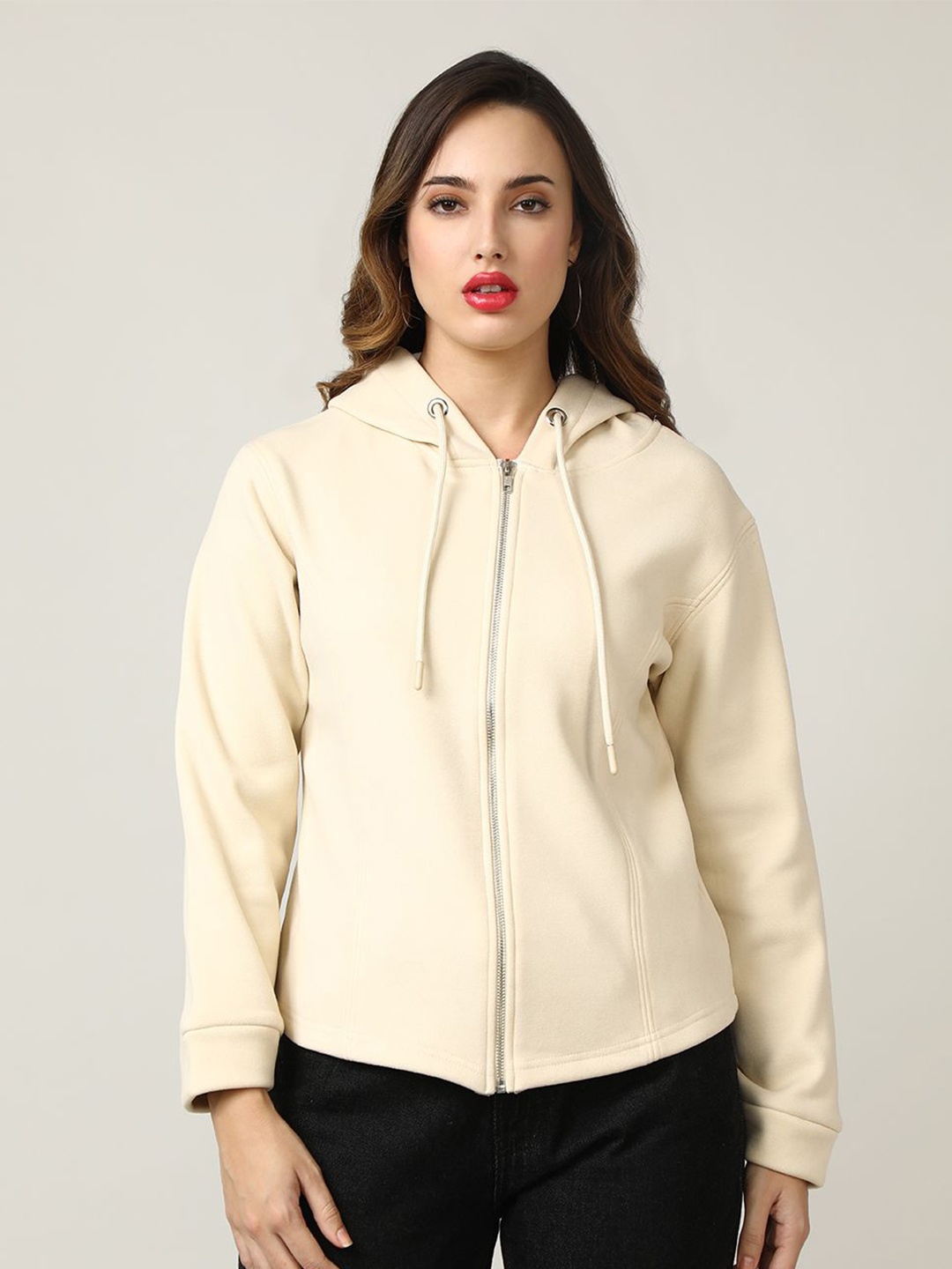 

Fort Collins Women Solid Hooded Front-Open Sweatshirt, Beige