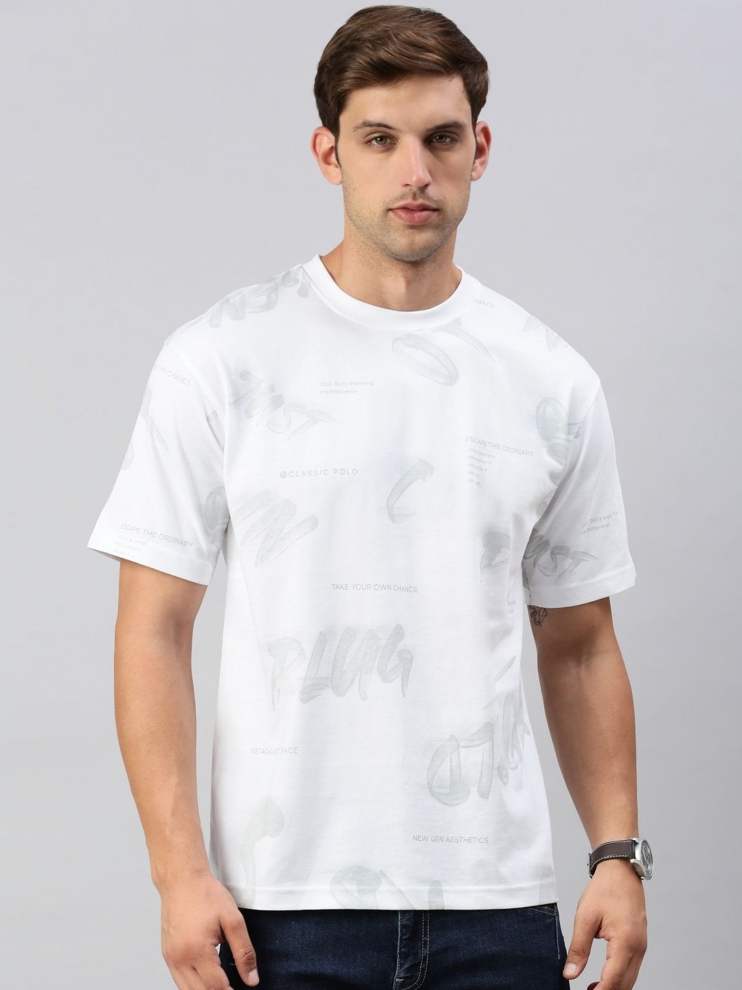 

Classic Polo Men Typography Printed Round Neck Cotton Relaxed Fit T-shirt, White