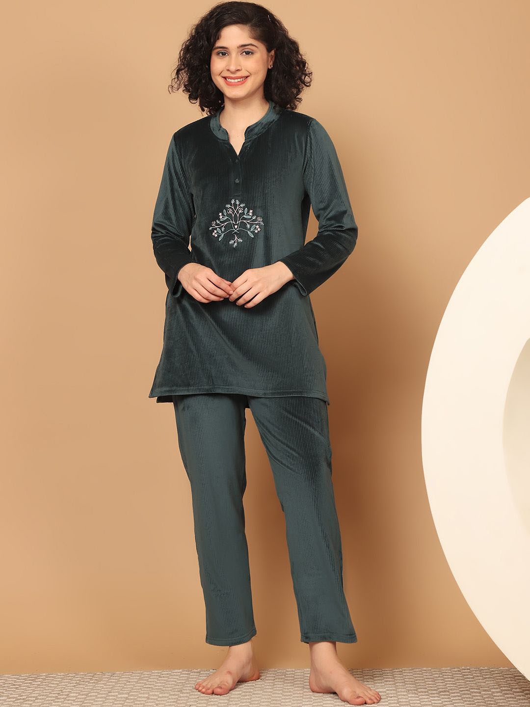 

Kanvin Women Embroidered Velvet Night suit, Teal