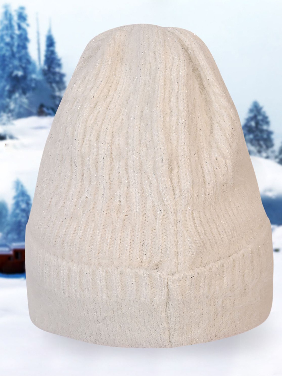 

LOOM LEGACY Women Self Design Winter Woollen Beanie Cap, White