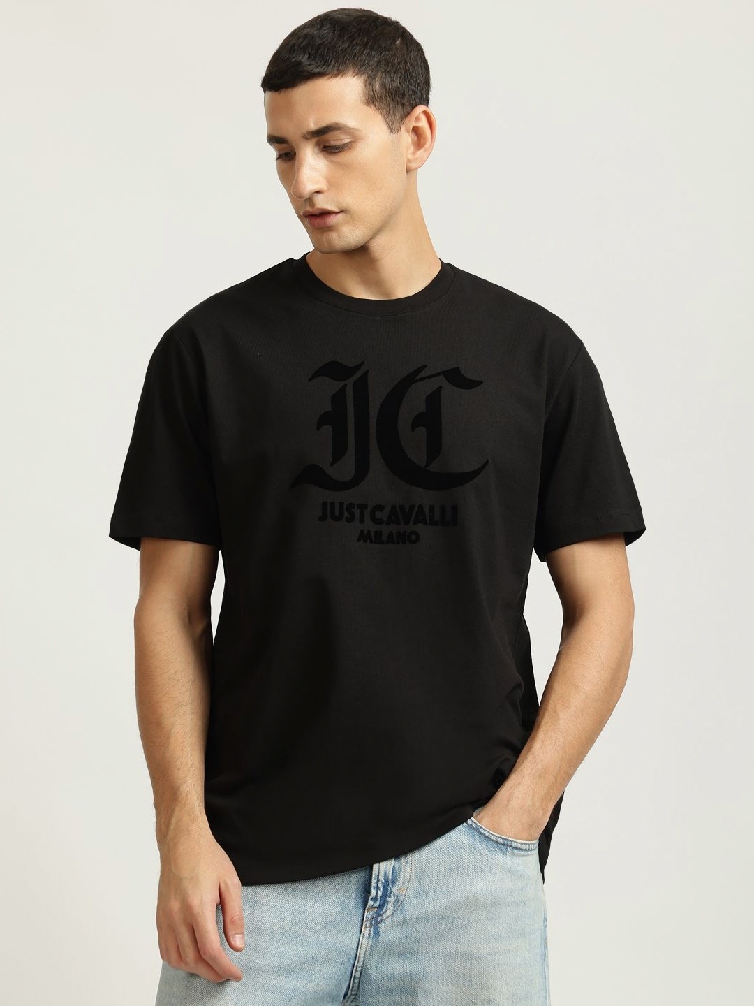 

Just Cavalli Men Typography Printed Round Neck Cotton T-shirt, Black