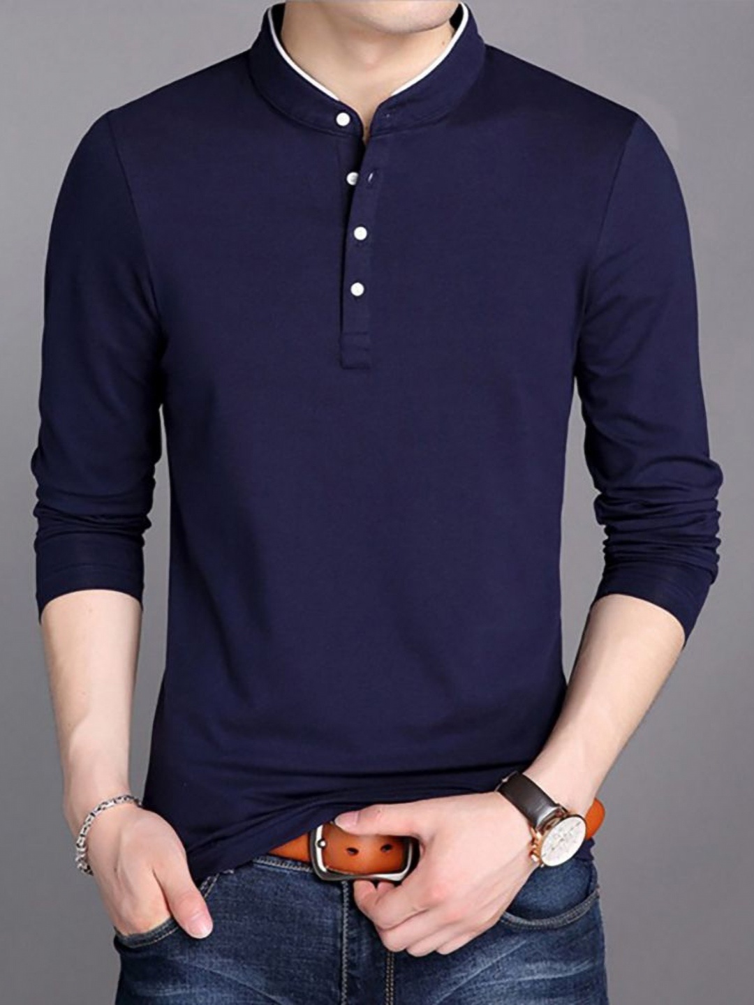 

StyleCast x Revolte Men Solid Henley Neck Cotton T-shirt, Navy blue