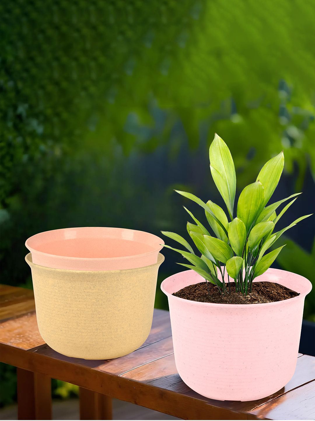 

Kuber Industries Pink & Beige 3 Pieces Textured Planters With Plate