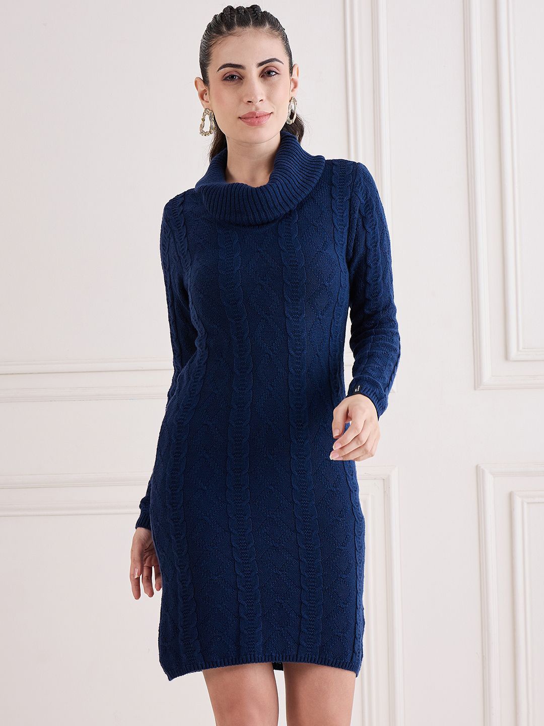 

CREATIVE LINE Women Cowl Neck Woollen Jumper Dress, Navy blue