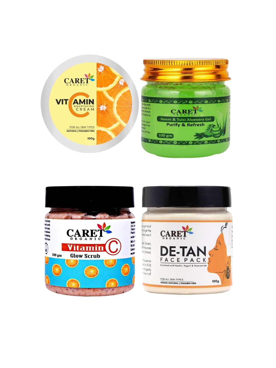 

CARET ORGANIC Nourishing Cream, Vitamin C Scrub, Neem Gel & De-Tan Face Pack- 100g, White