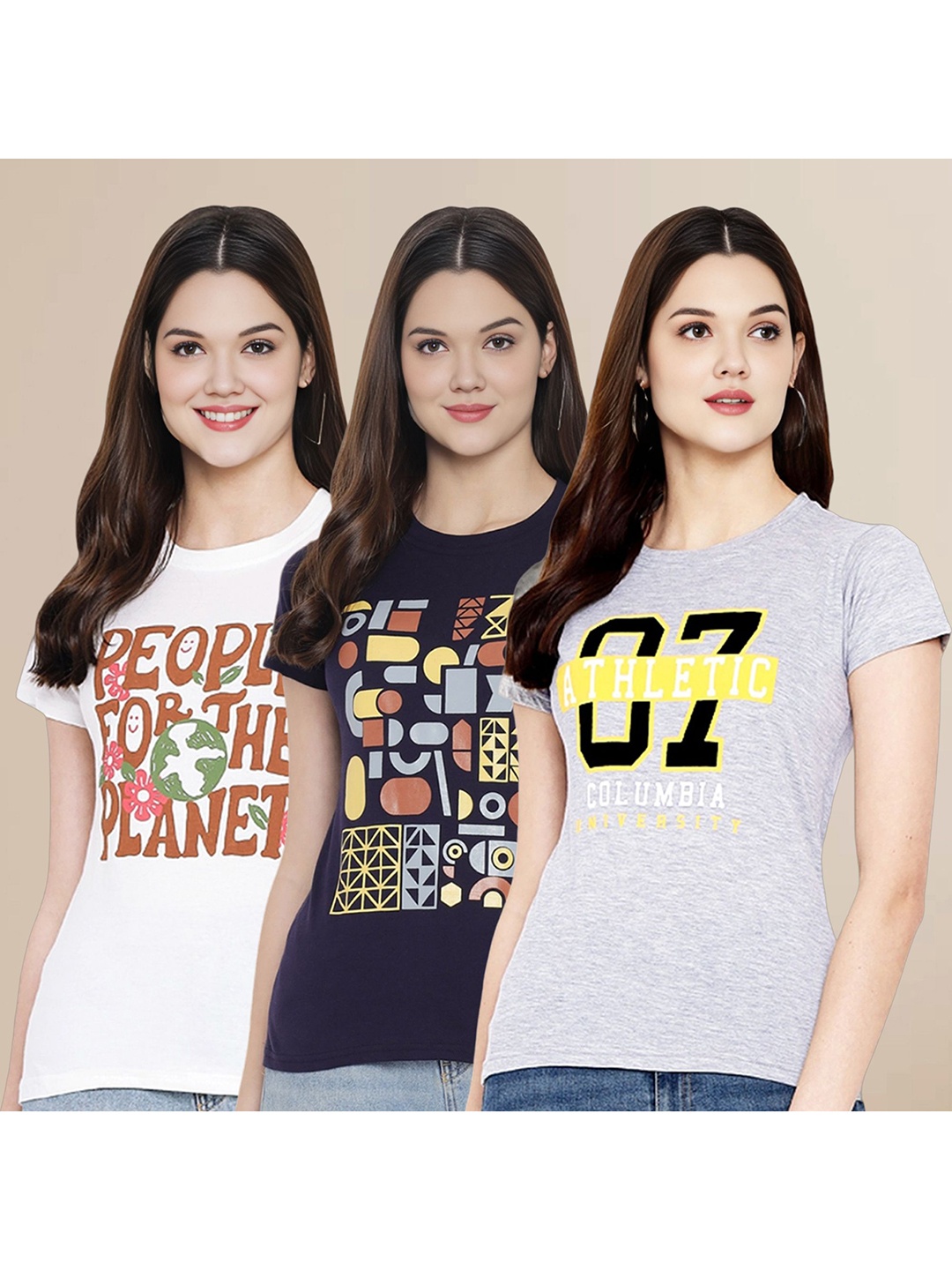 

Metronaut Women Pack Of 3 Typography Printed Round Neck Cotton T-shirts, White