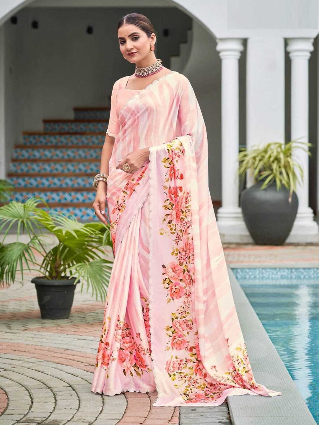 

MAHALASA Floral Beads and Stones Satin Saree, Peach