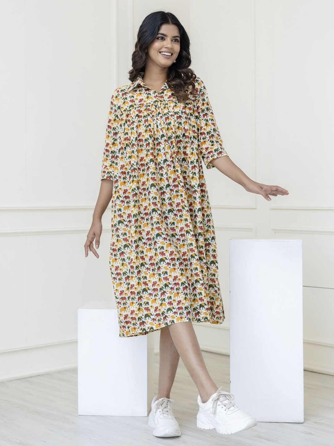 

Nayo Women Cotton Animal Printed Fit & Flare Midi Dress, Multi