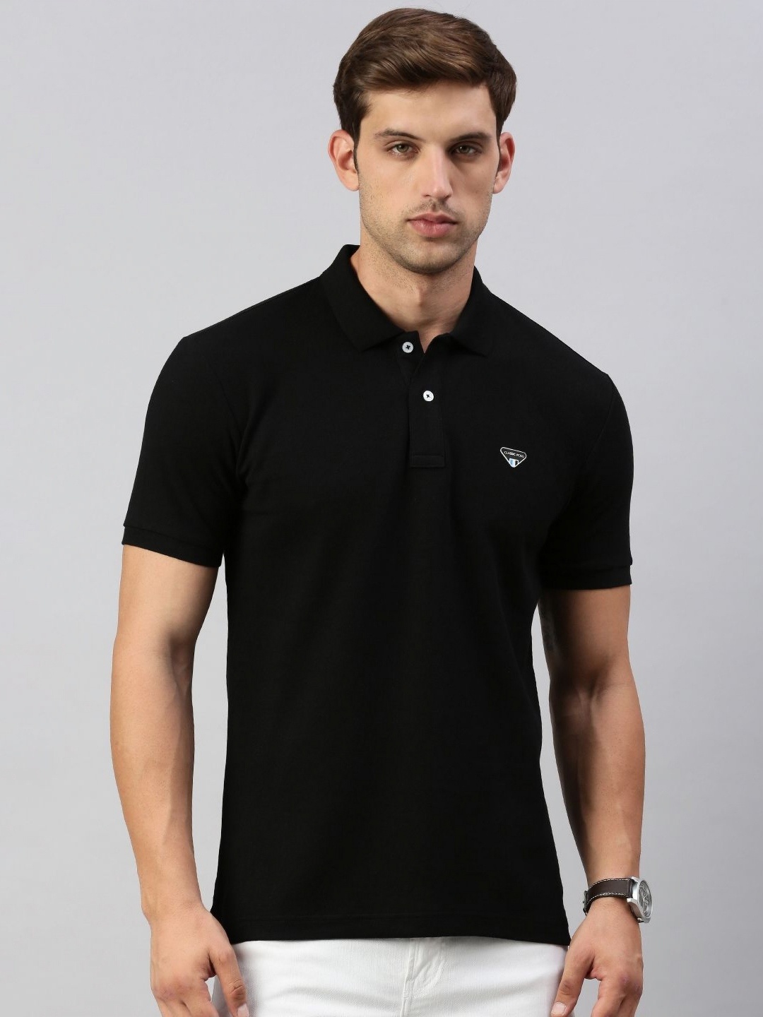 

Classic Polo Men Solid Polo Collar Cotton T-shirt, Black
