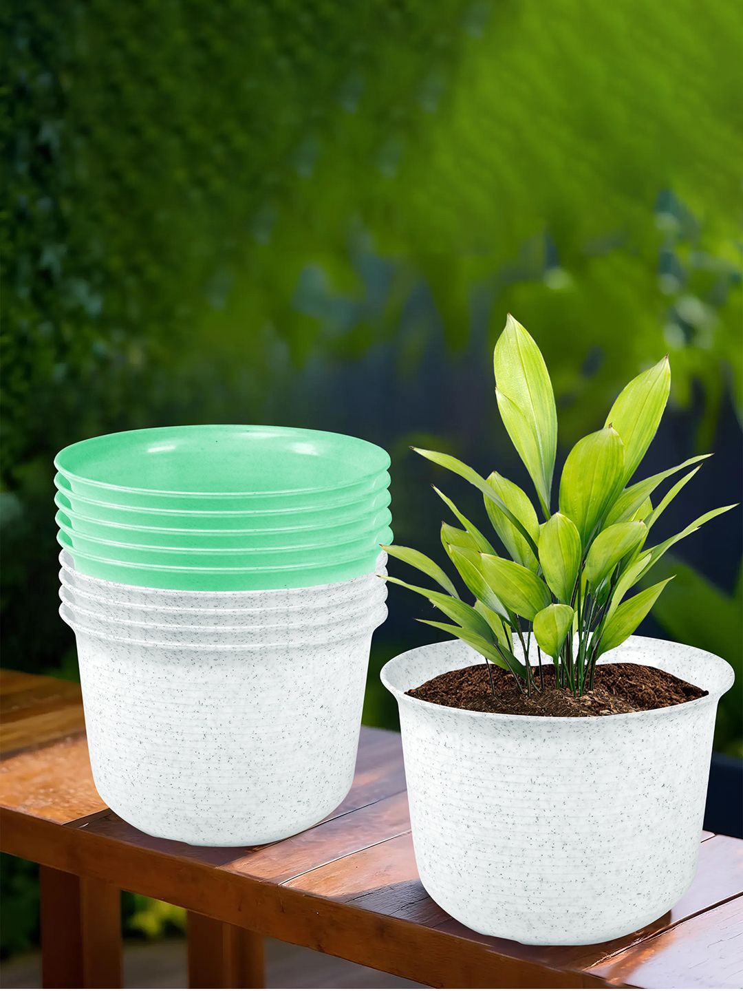 

Kuber Industries White & Green 10 Pieces Textured Flower Pot With Plate