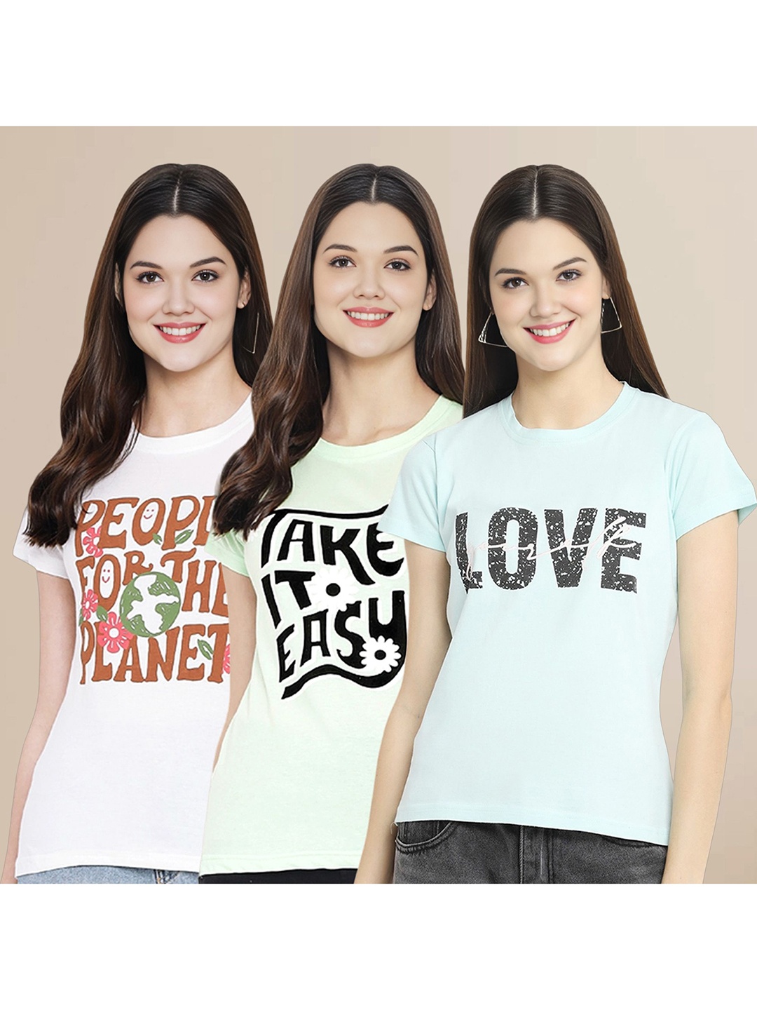 

Metronaut Women Pack Of 3 Typography Printed Round Neck Cotton T-shirts, White