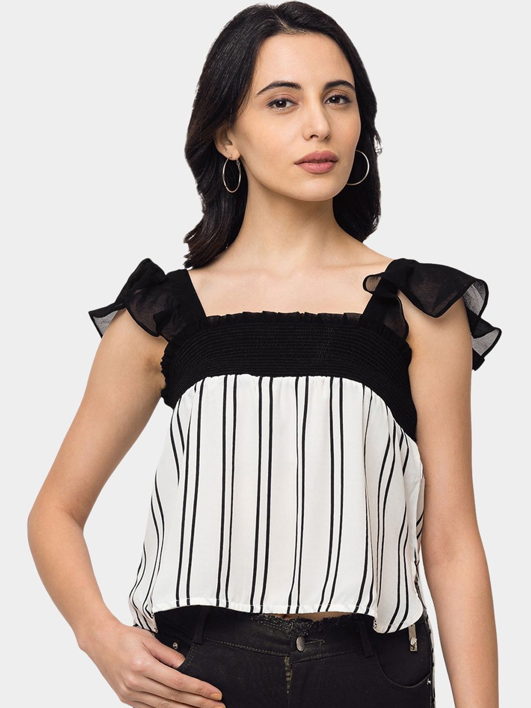 

SHECZZAR Striped Georgette Crop Top, White