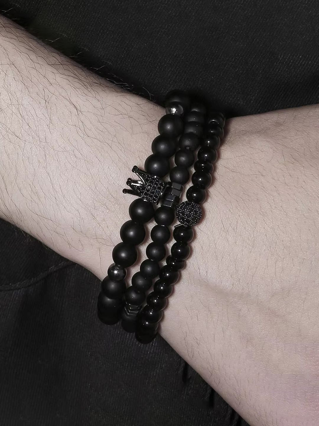 

Jewels Galaxy Men Set Of 3 Silver-Plated Beaded Elasticated Bracelets