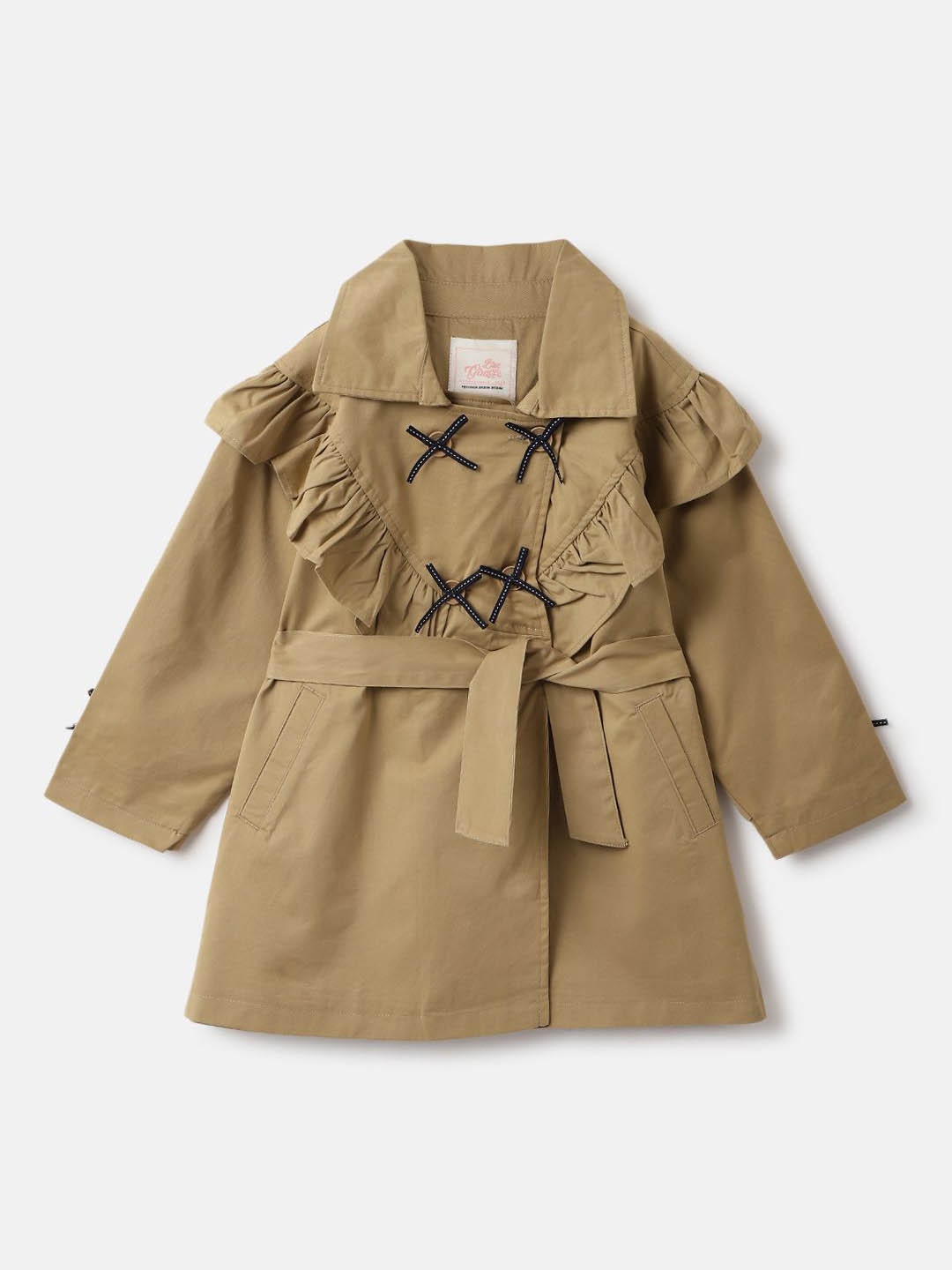 

Blue Giraffe Girls Cotton Solid Spread Collar Long Sleeves Trench Coat, Beige