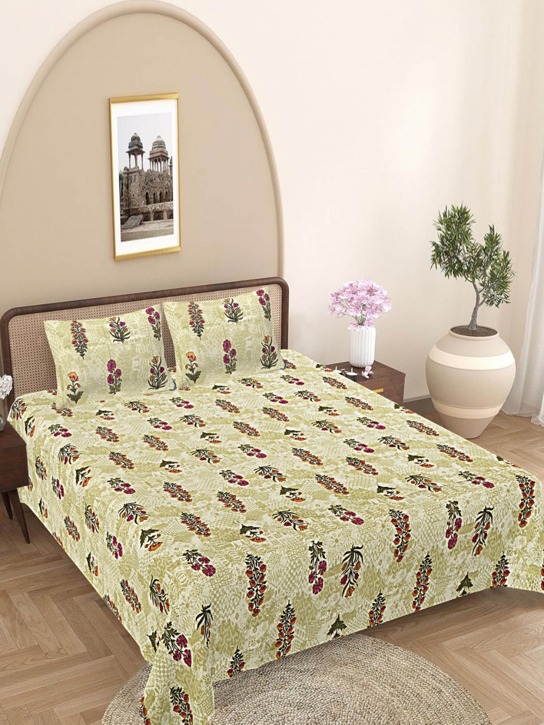 

FrionKandy Living Olive Green Printed 180 TC Cotton King Bedsheet Set 2.69 m x 2.74 m