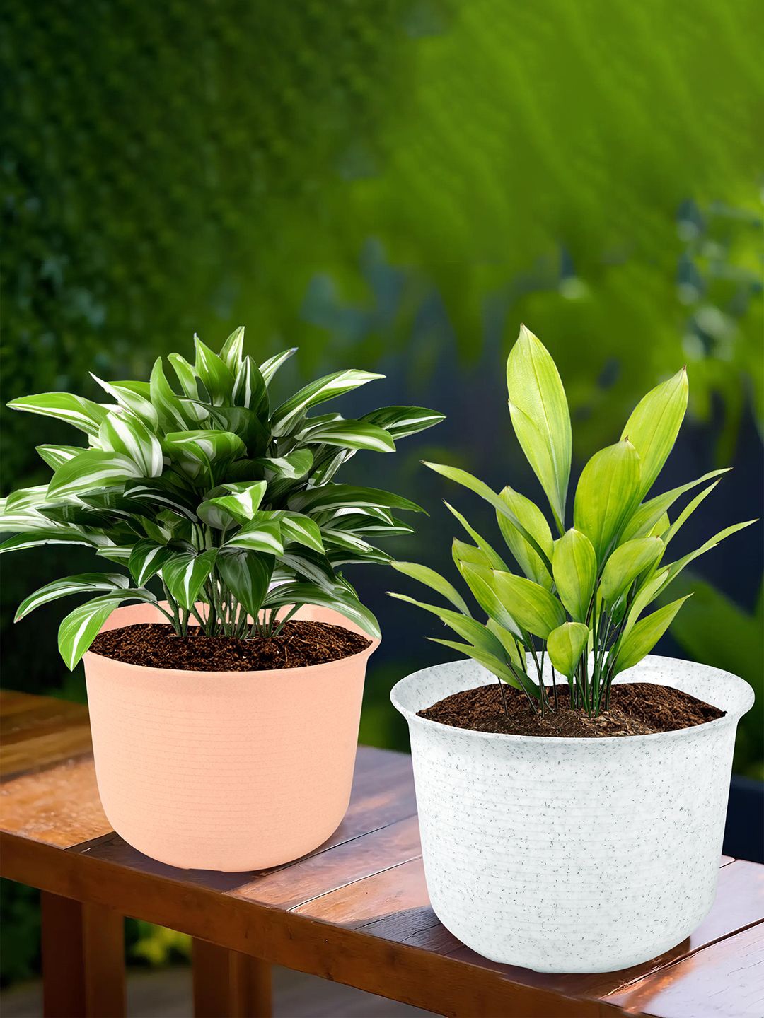 

Kuber Industries White & Peach-Coloured 2 Pieces Textured Flower Pot With Plate