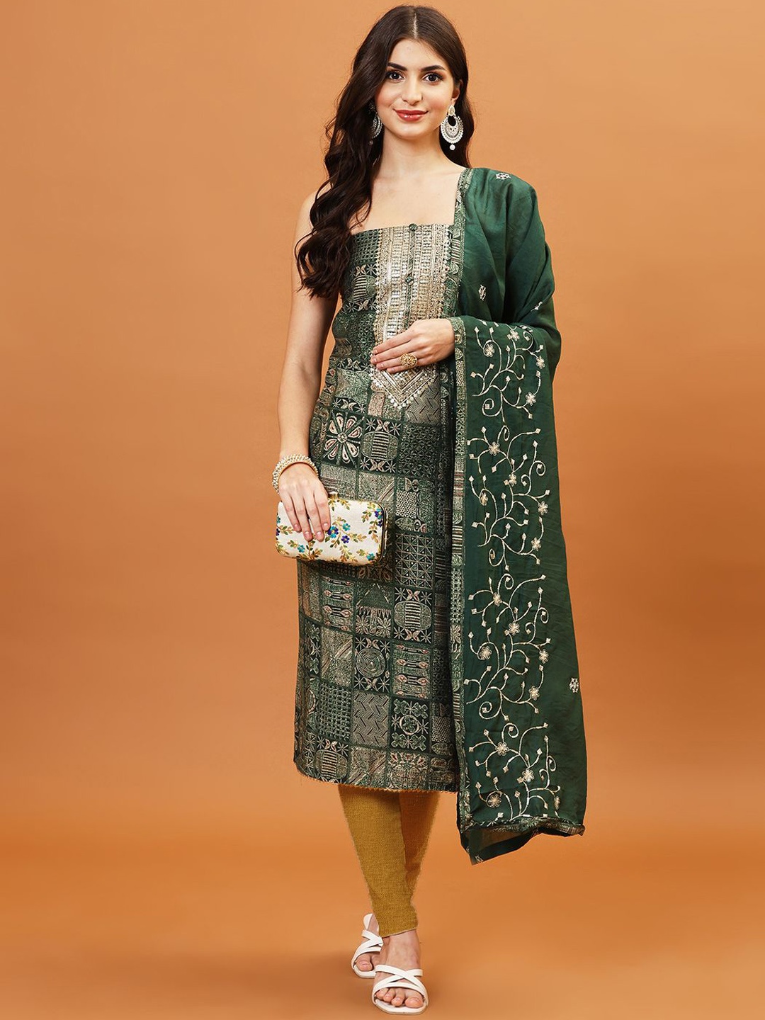 

Meena Bazaar Floral Printed Sequinned Unstitched Dress Material, Green