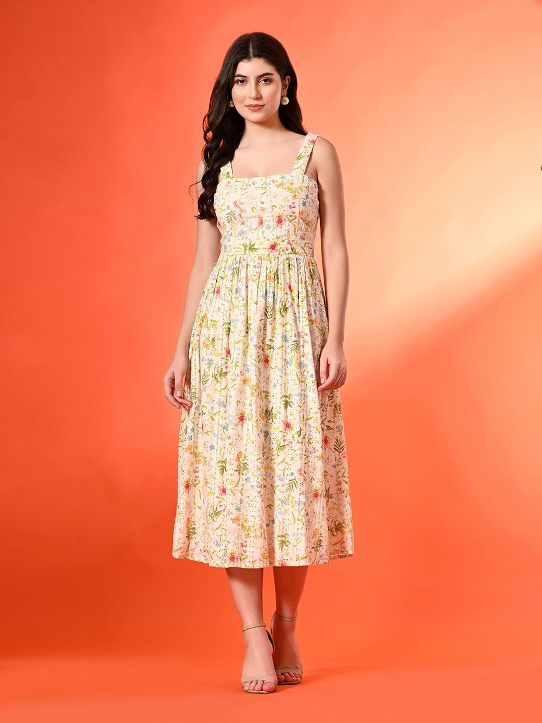 

Fuchsia Women Cotton Floral Printed Fit & Flare Midi Dress, Green