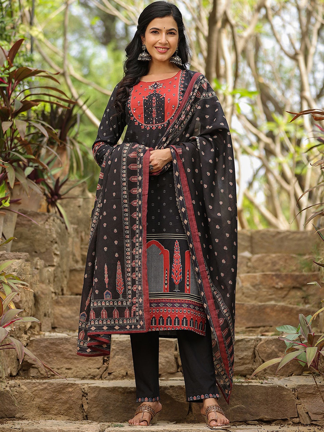 

Indo Era Ethnic Motifs Printed Mirror Work Pure Cotton Straight Kurta Trousers & Dupatta, Black