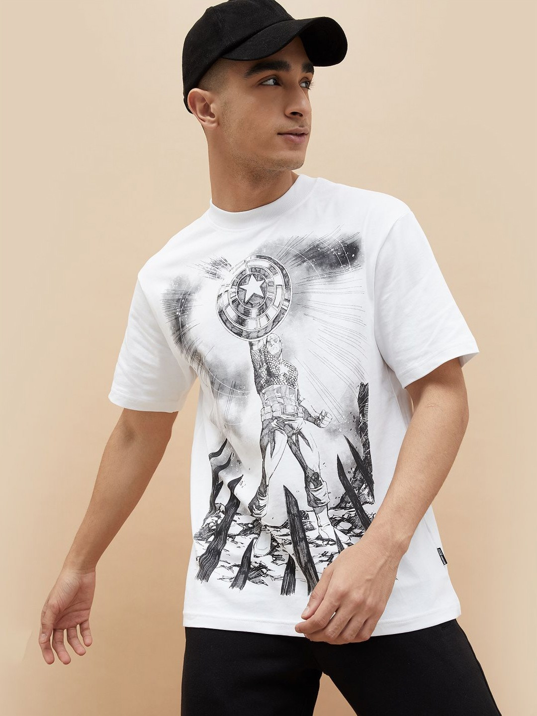 

Fame Forever by Lifestyle Men Graphic Printed Cotton Relaxed Fit Captain America T-shirt, White