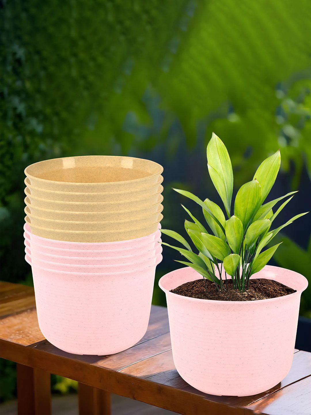 

Kuber Industries Pink & Beige 12 Pieces Textured Planters With Plate