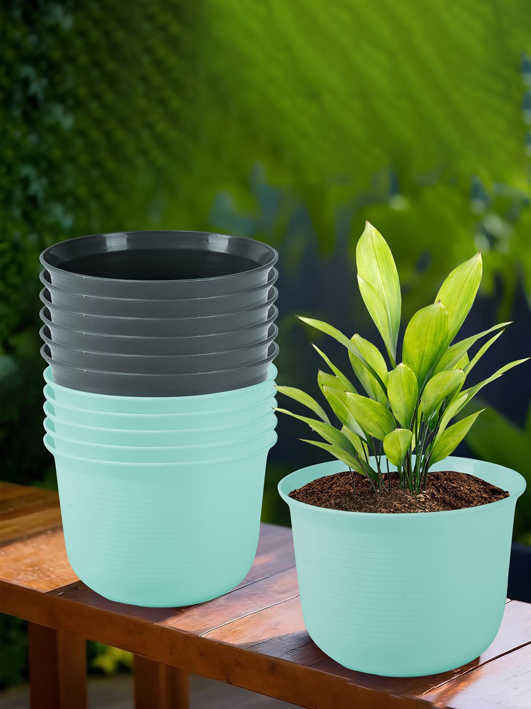 

Kuber Industries Blue & Grey 12 Pieces Textured Planters With Plate